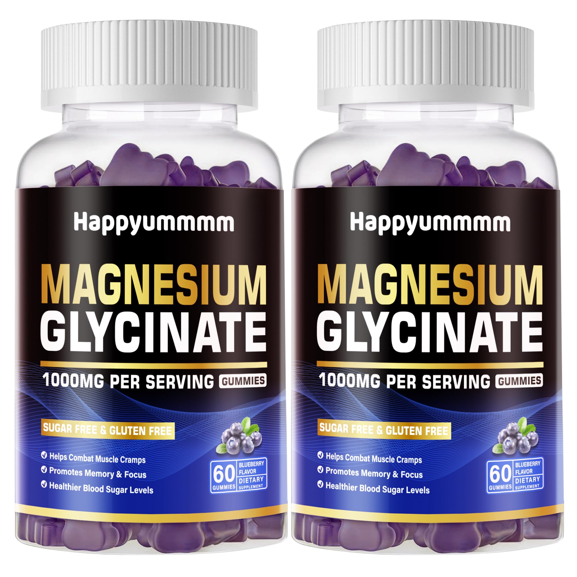 Happyummmm Blueberry Glycinate Gummies front view for easy daily use