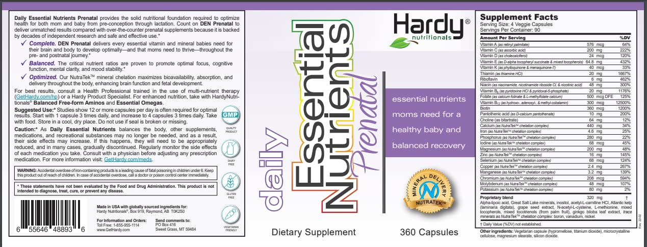 Hardy Nutritionals DEN Prenatal capsules closeup highlighting full-spectrum micronutrients.