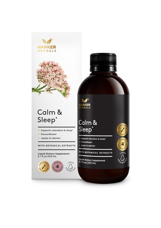 Harker Herbals Calm & Sleep Syrup bottle for nightly relaxation.