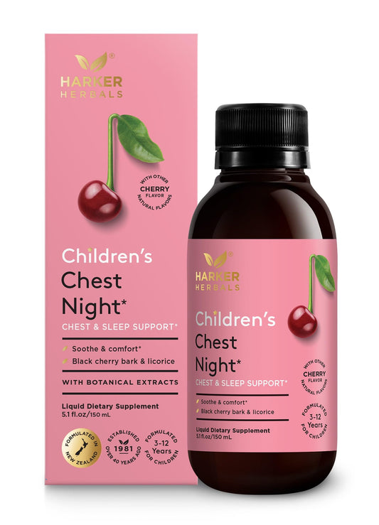 Harker Herbals Children's Chest Night Syrup bottle on nightstand showing night routine use