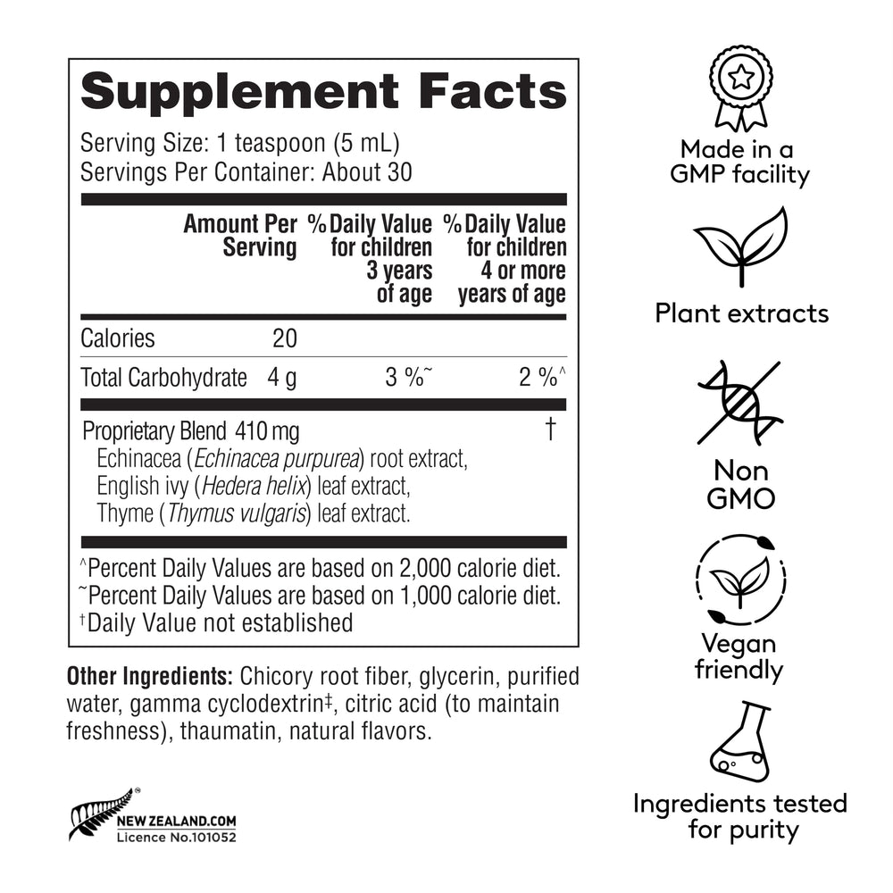 Bottle pour scene for Harker Herbals syrup, mint flavor aids soothing respiratory passages.