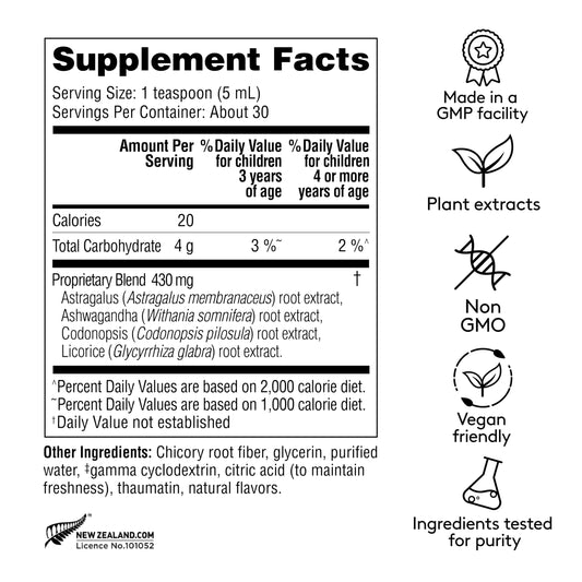 Harker Herbals syrup pour in a glass highlighting a raspberry flavor and easy dosing