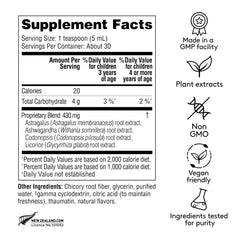 Harker Herbals syrup pour in a glass highlighting a raspberry flavor and easy dosing