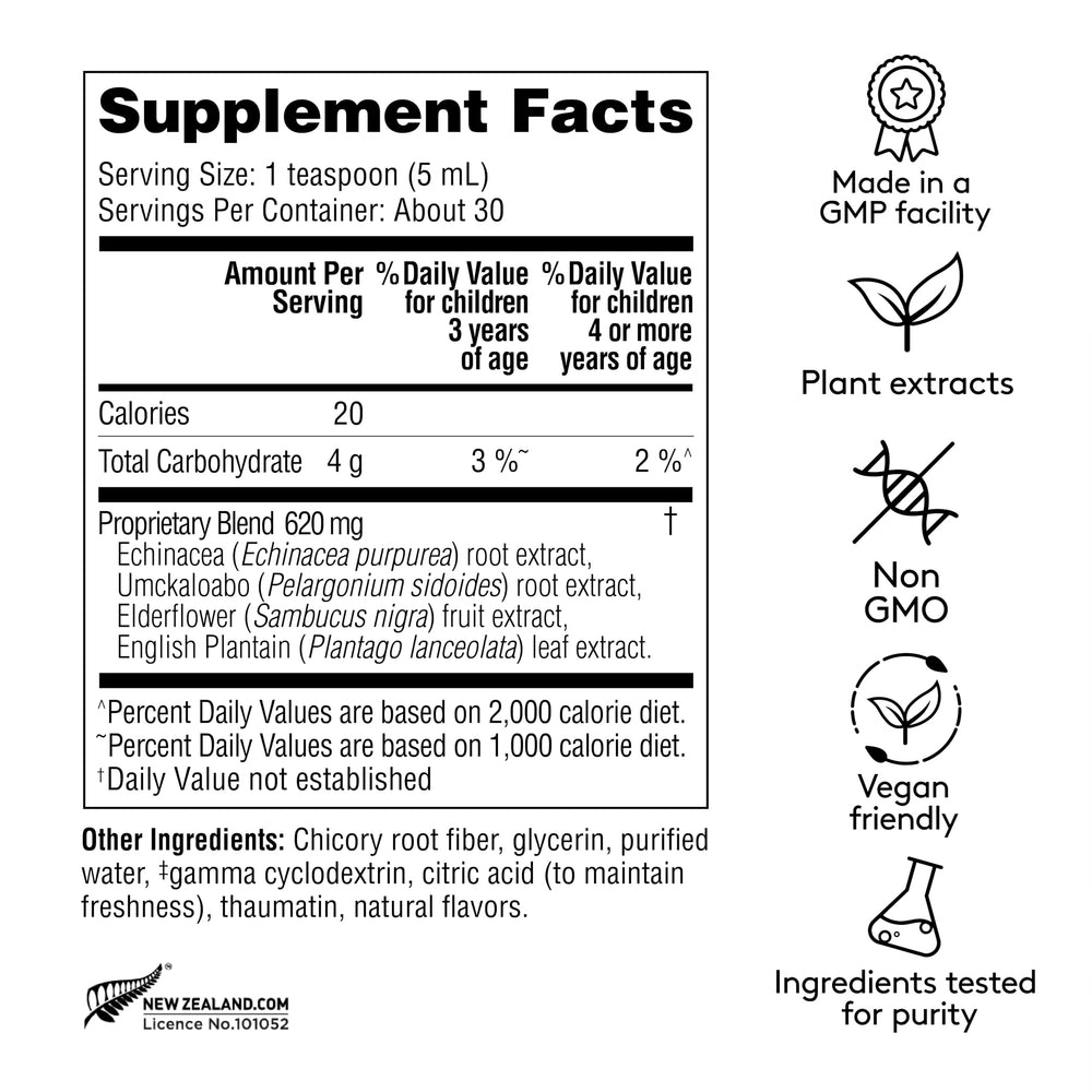 Harker Herbals syrup being poured for easy, fuss-free dosing at home.