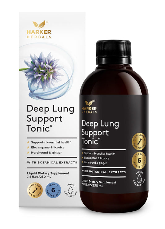 Harker Herbals Deep Lung Support Tonic bottle promoting respiratory clarity
