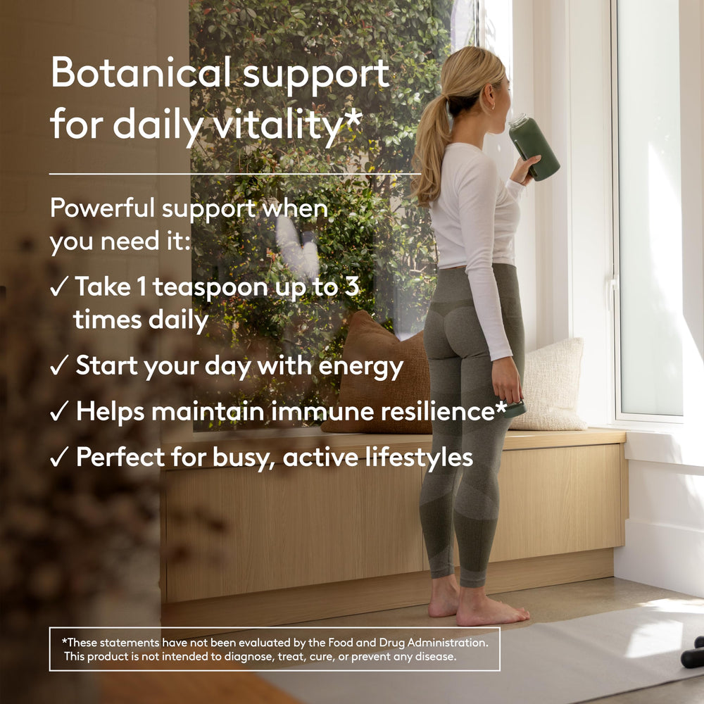 Label of Harker Herbals Immune Energy Syrup communicates caffeine-free formula.