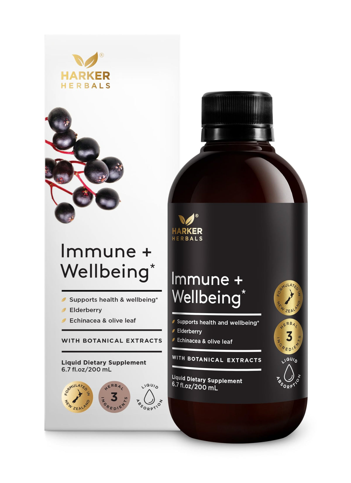 Harker Herbals Immune + Wellbeing Syrup bottle for daily immune support.
