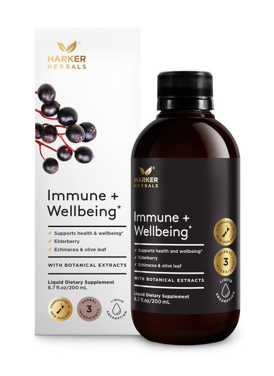 Harker Herbals Immune + Wellbeing Syrup bottle for daily immune support.