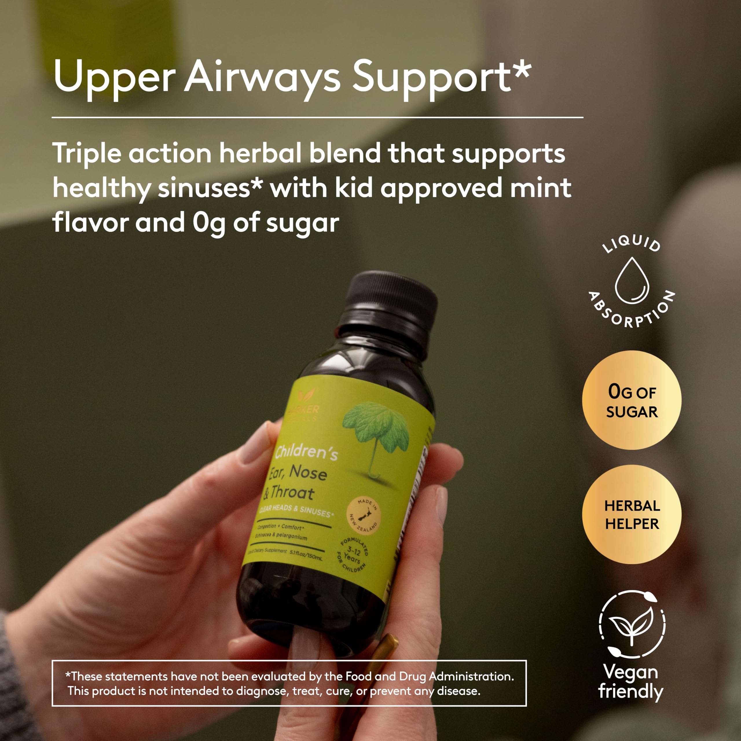 Harker Herbals label view highlights plant ingredients and mint flavor.