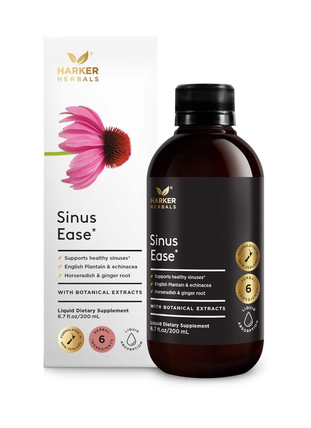 Harker Herbals Sinus Ease Syrup bottle promotes clear breathing with a natural blend.