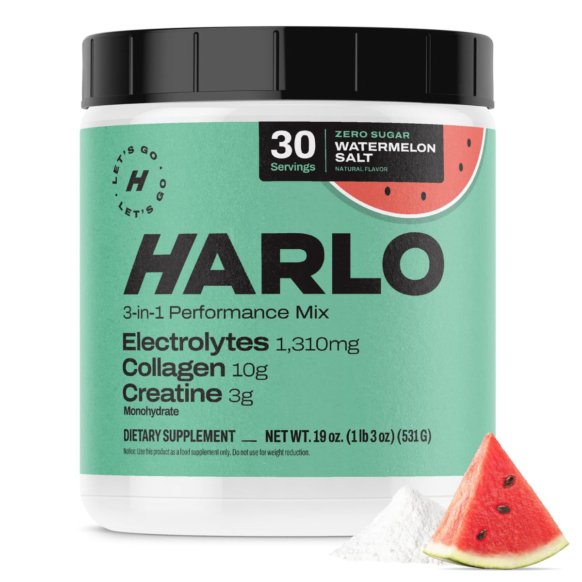 Harlo 3-in-1 electrolytes powder bottle close-up for steady training hydration.