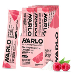 Harlo 3-in-1 electrolytes powder raspberry salt stick pack for on-the-go hydration.