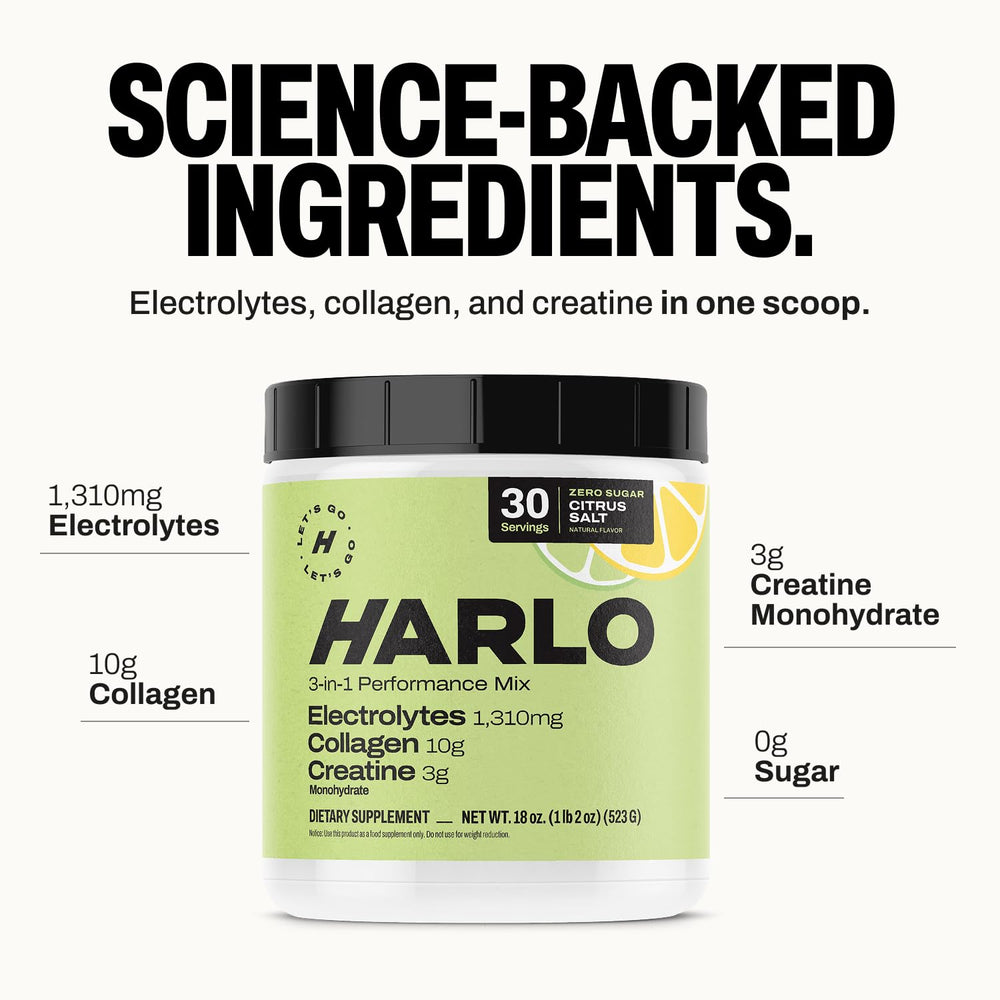 Harlo electrolytes powder pouch scene emphasizes replenishment during training.