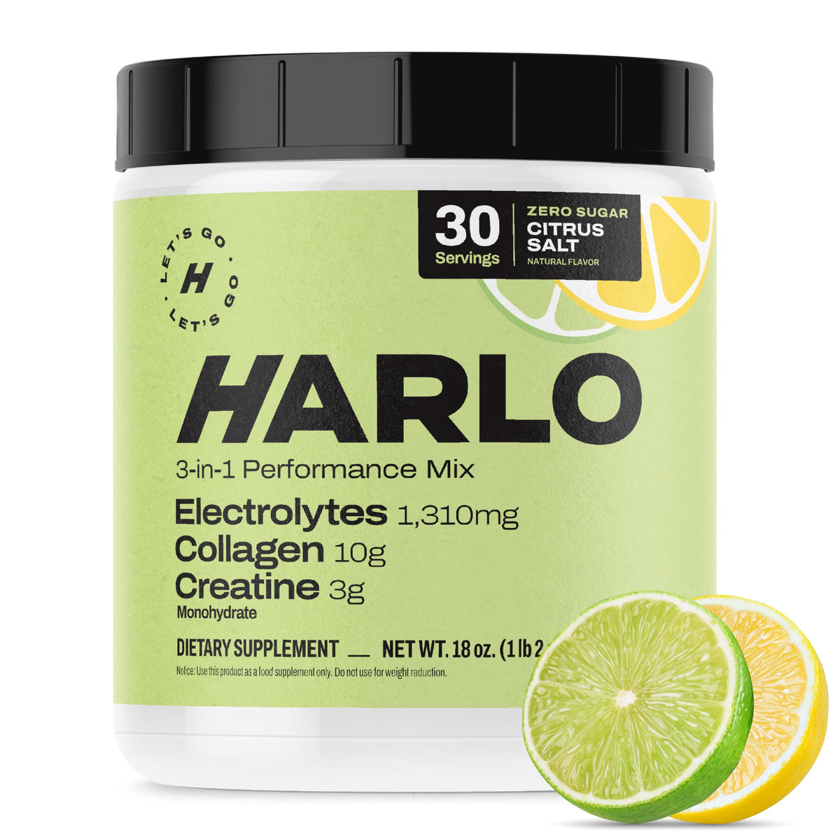 Harlo lemon-lime powder ready for quick workout hydration.