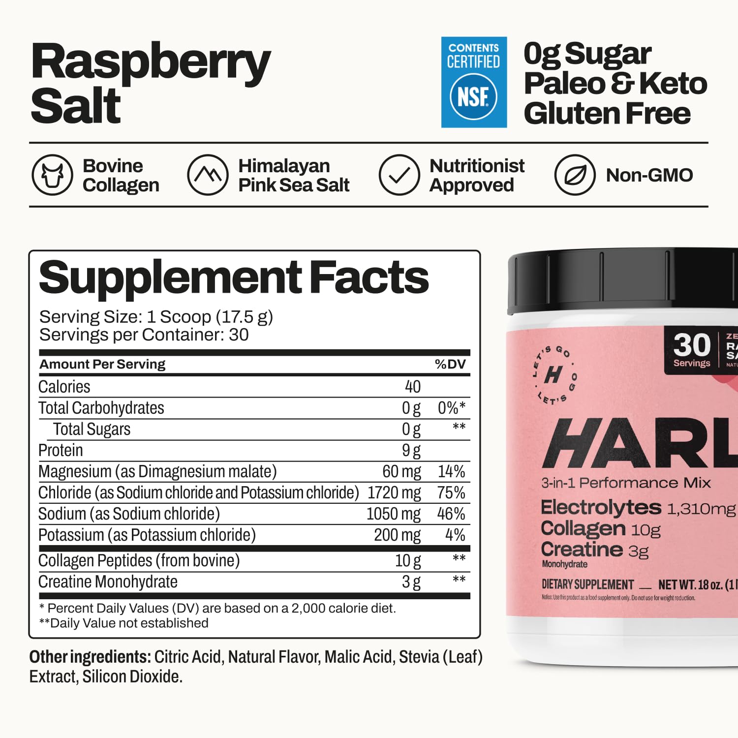 Harlo zero sugar formulation label signals daily hydration without added sugar