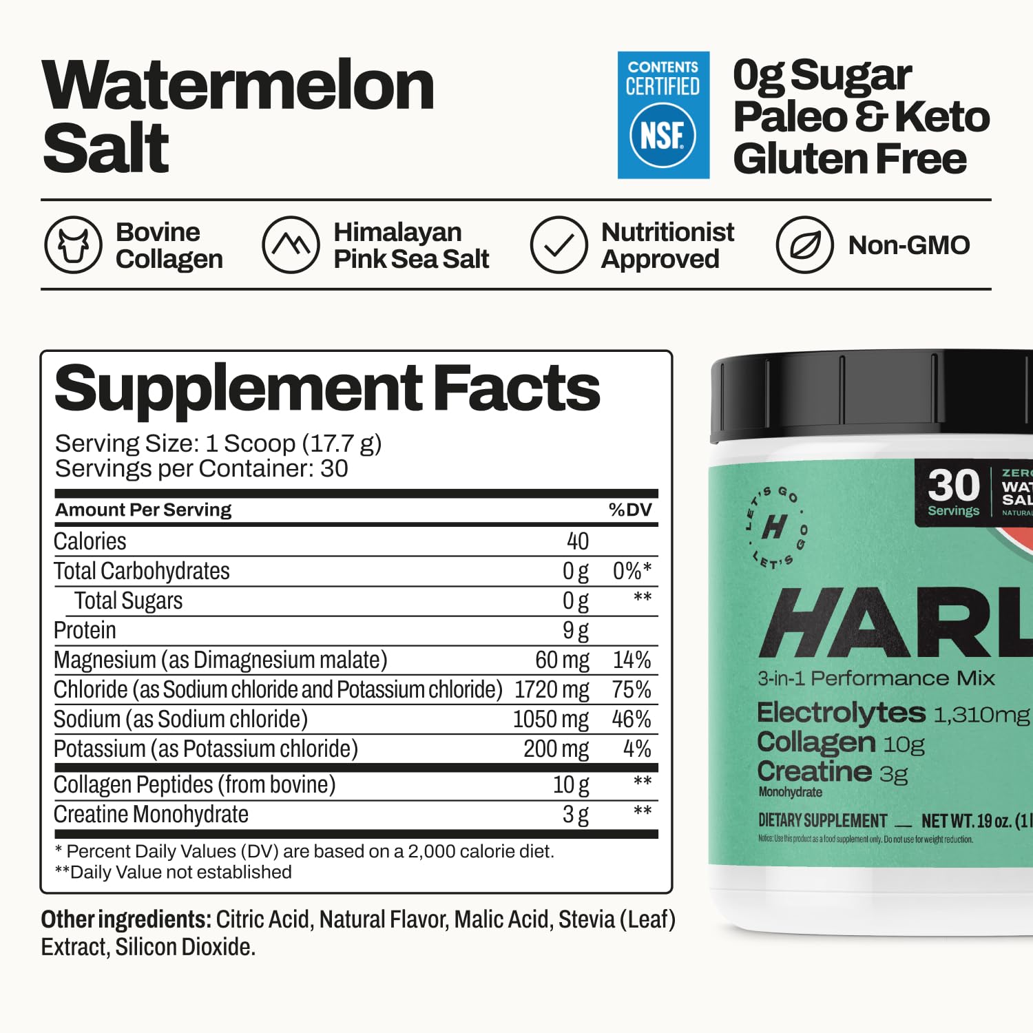 Harlo zero sugar label highlighting clean hydration without added sugar.