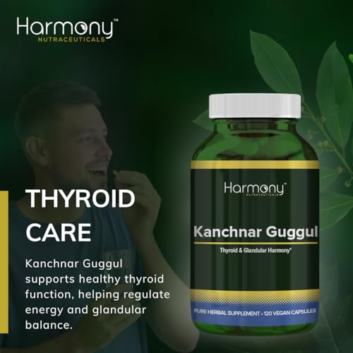 Harmony Kanchnar Guggul bottle side highlights branding and vegan formula.