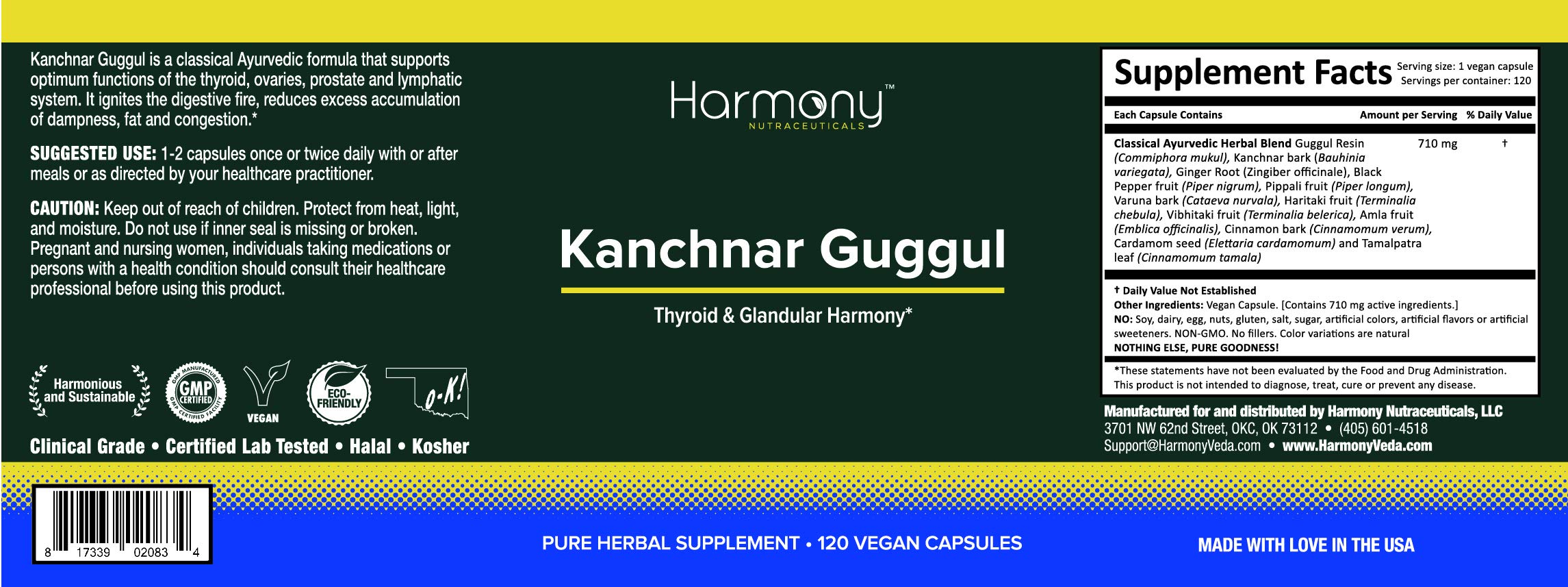 Harmony Kanchnar Guggul capsules closeup emphasizes size and easy swallowing.