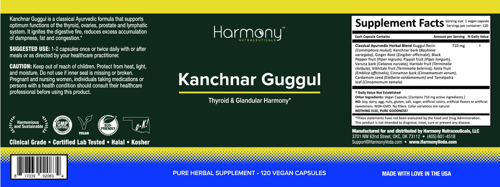 Harmony Kanchnar Guggul capsules closeup emphasizes size and easy swallowing.