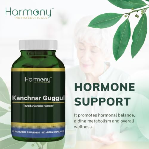 Harmony Kanchnar Guggul packaging box showcases Ayurvedic heritage and vegan formula.
