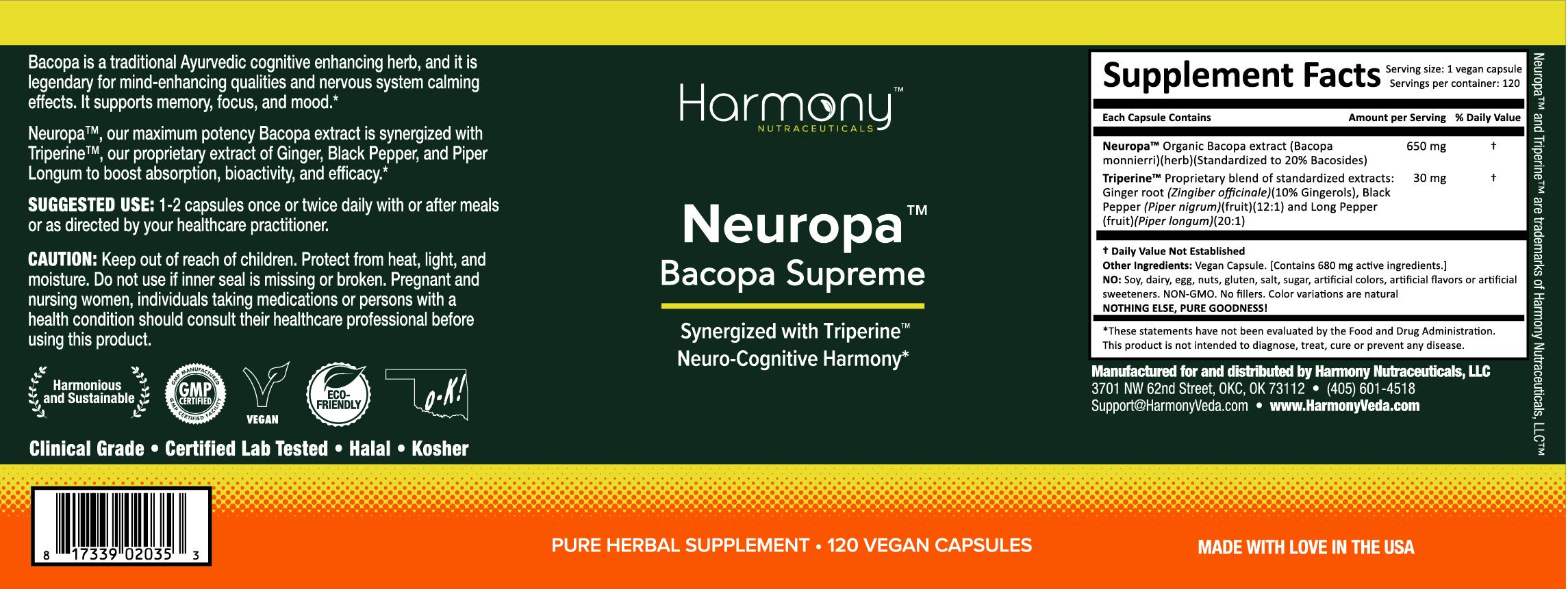 Harmony Neuropa-Bacopa packaging front highlighting value and quality