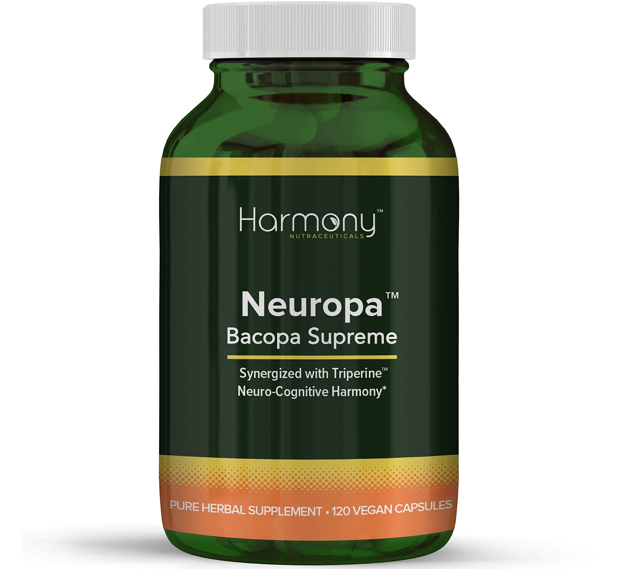 Harmony Nutraceuticals Neuropa-Bacopa supplement bottle illustrating daily use benefits for focus