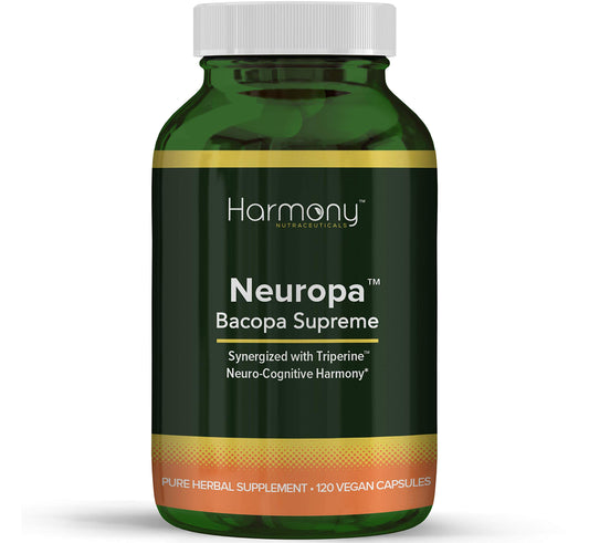 Harmony Nutraceuticals Neuropa-Bacopa supplement bottle illustrating daily use benefits for focus