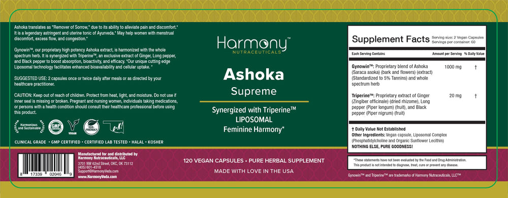 Harmony Nutraceuticals Ashoka Supreme extract label highlights Shokowin blend for absorption.