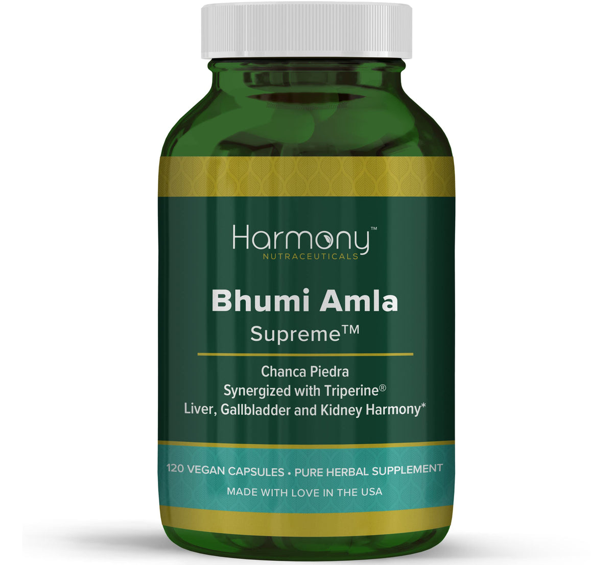 Harmony Nutraceuticals Bhumi Amla Supreme bottle shows potent herbal blend for daily wellness