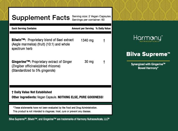 Harmony Bilva Supreme dietary supplement image emphasizing vegan capsules