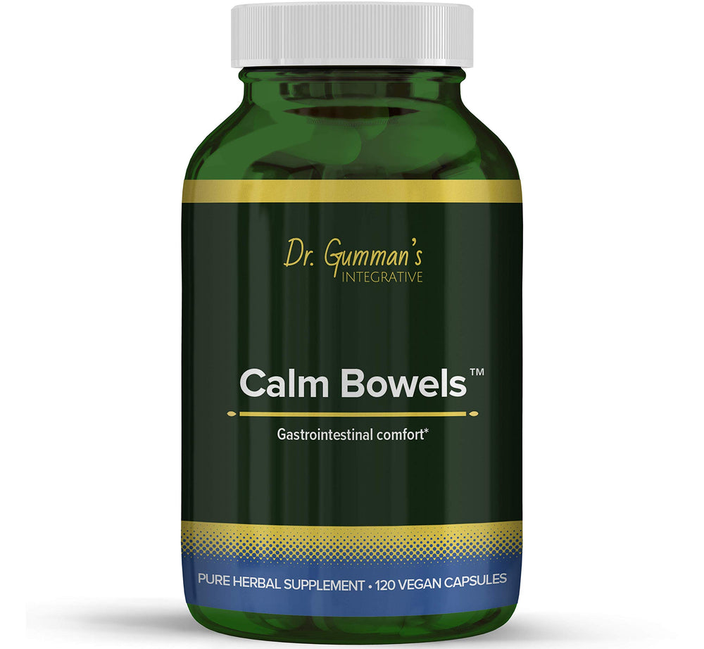 Harmony Nutraceuticals Calm Bowels bottle with 120 vegan capsules supporting GI comfort.