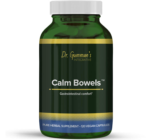 Harmony Nutraceuticals Calm Bowels bottle with 120 vegan capsules supporting GI comfort.