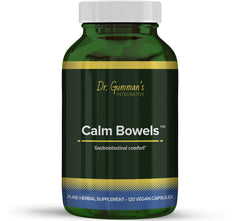 Harmony Nutraceuticals Calm Bowels bottle with 120 vegan capsules supporting GI comfort.