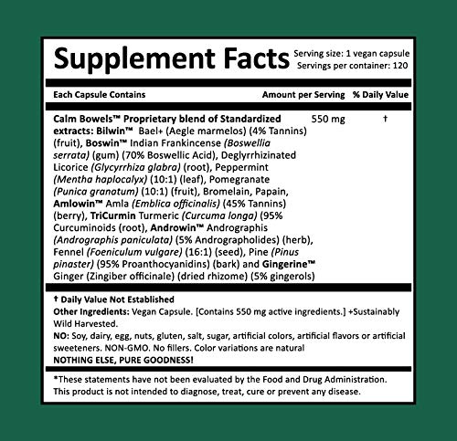 Harmony Nutraceuticals Calm Bowels capsules, vegan and additive-free.