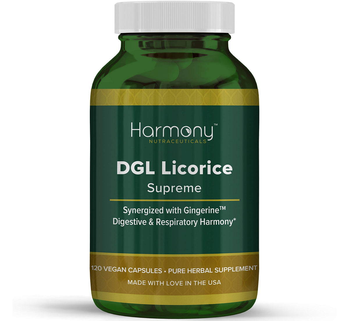 Harmony Nutraceuticals DGL Licorice Supreme bottle showing a clinical grade formula for vitality.