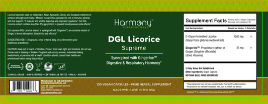 Harmony Nutraceuticals DGL Licorice Supreme capsules offering high potency and vegan care.