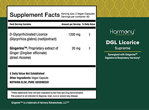 Harmony Nutraceuticals DGL Licorice Supreme label notes glycyrrhizin under 1% for safety.