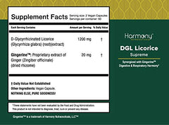 Harmony Nutraceuticals DGL Licorice Supreme label notes glycyrrhizin under 1% for safety.