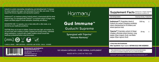 Guduchi Supreme capsules close-up highlighting vegan organic formulation.