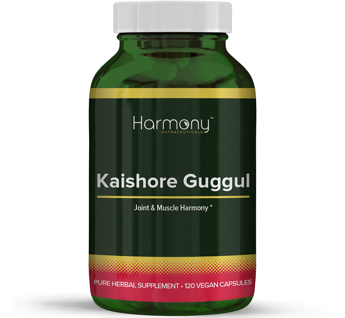 Harmony Nutraceuticals Kaishore Guggul bottle on wood signals joint comfort support.