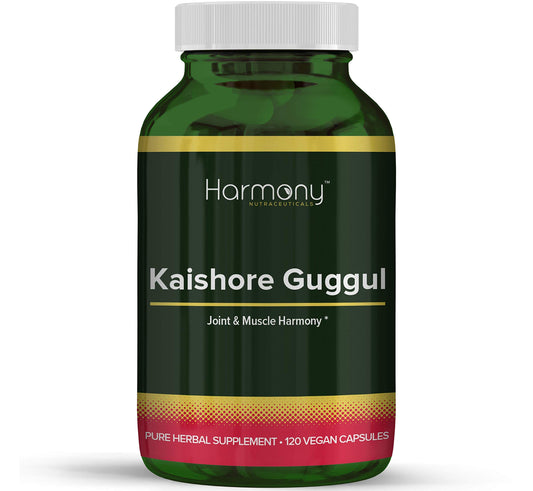 Harmony Nutraceuticals Kaishore Guggul bottle on wood signals joint comfort support.