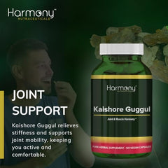 Harmony Nutraceuticals Kaishore Guggul capsules in a glass bottle imply easy daily dosing.