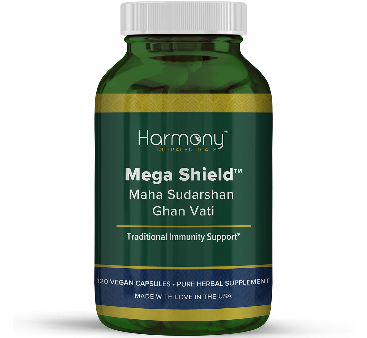 Harmony Nutraceuticals Mahasudarshan Ghan Vati bottle front with immune-supporting capsules