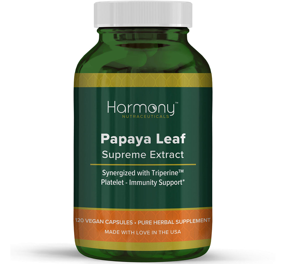 Harmony Nutraceuticals Papaya Leaf Supreme bottle showing product packaging and label benefits