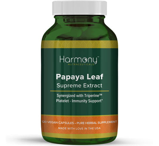 Harmony Nutraceuticals Papaya Leaf Supreme bottle showing product packaging and label benefits