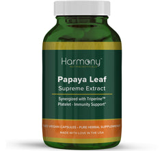 Harmony Nutraceuticals Papaya Leaf Supreme bottle showing product packaging and label benefits