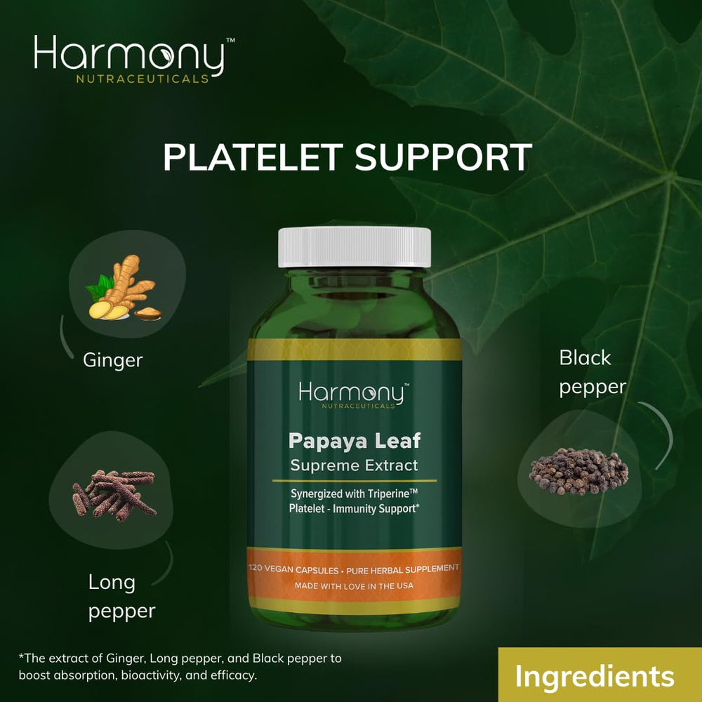 Harmony Nutraceuticals Papaya Leaf Supreme capsules on a light background for daily use