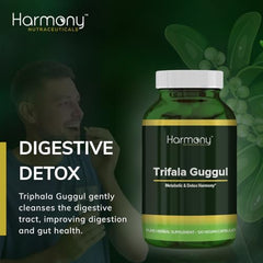 Person holding Harmony Nutraceuticals Trifala Guggul bottle for on‑the‑go use