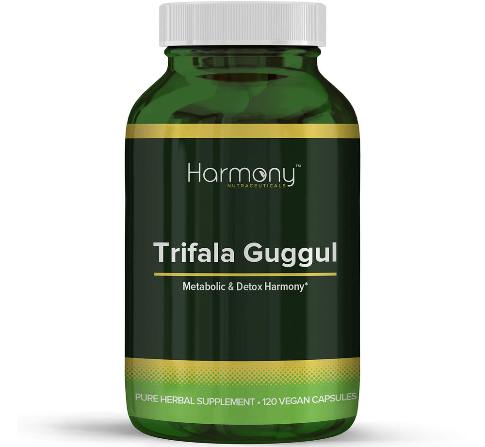 Harmony Nutraceuticals Trifala Guggul bottle showing easy capsule format for daily use