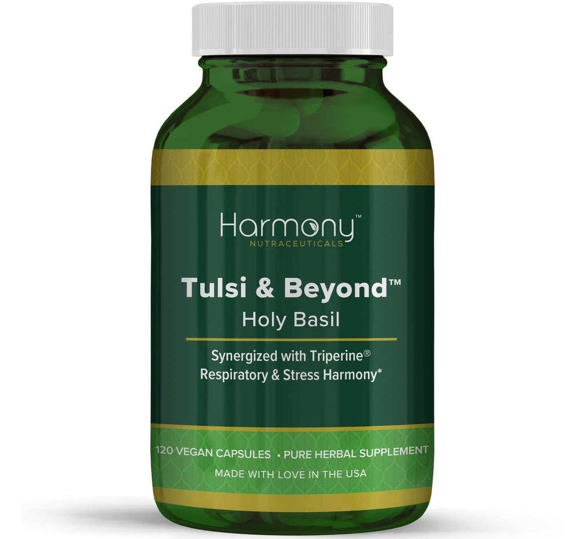 Harmony Nutraceuticals Tulsi bottle front shows organic herbs for daily balance.